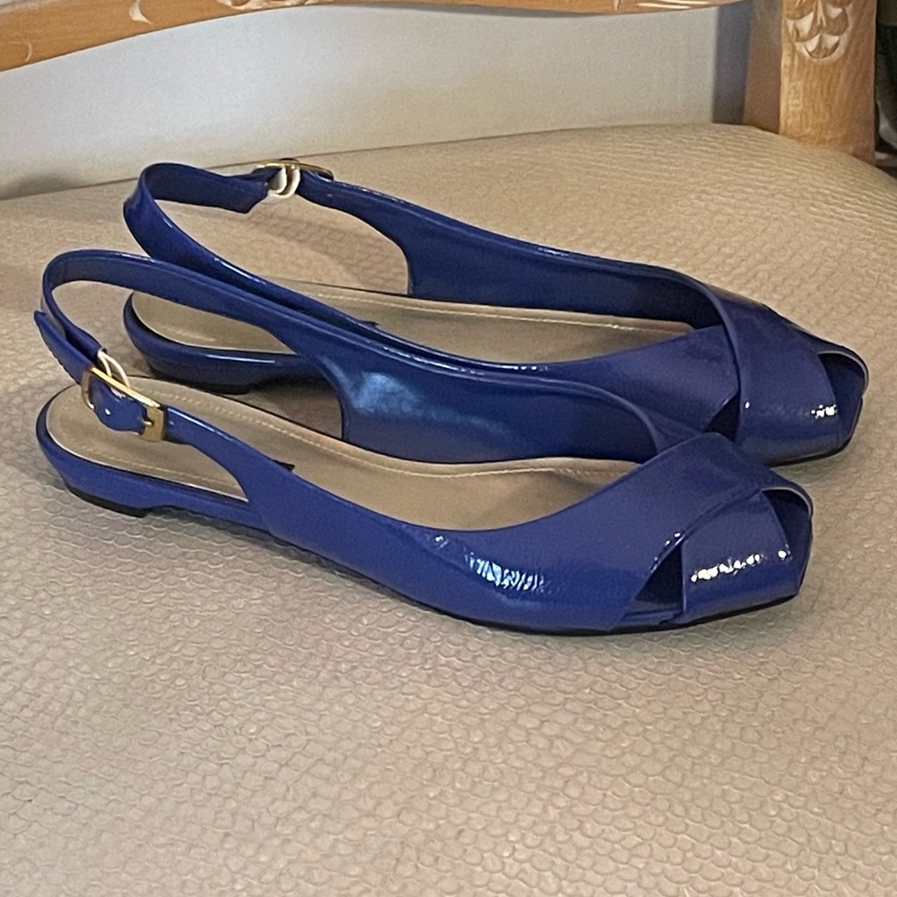 Newport News Sapphire Blue Leather Toe Open Low Sandal sSize 9.5 M